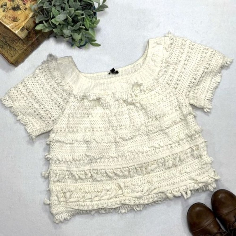 Love Sam Fringe Off the Shoulder Bohemian Crochet Cream Top Anthropologie